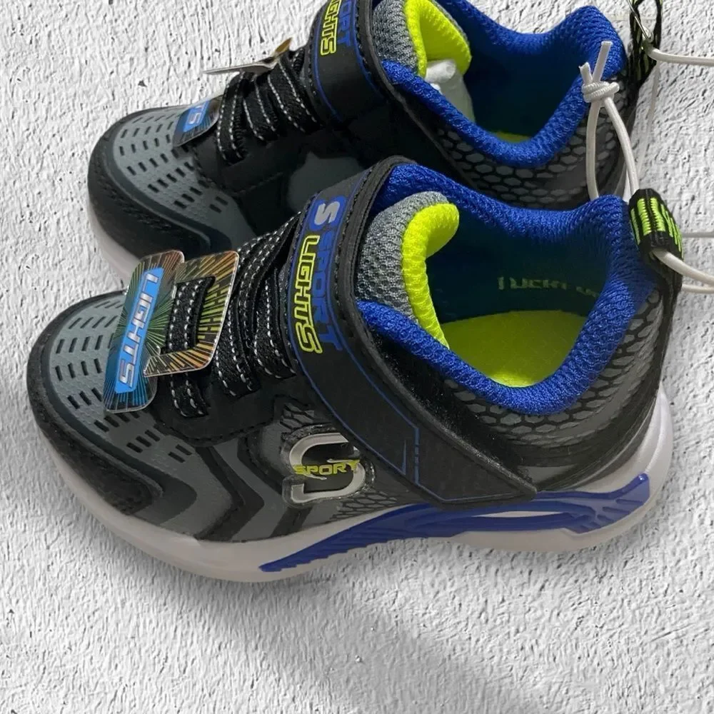 SKECHERS Sneakers S Lites NEW Light Up No tie Straps Black Blue Infant Size 5